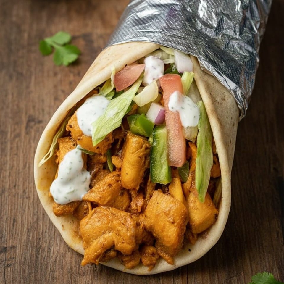 Chicken shawarma wrap with lettuce, tomatoes, onions, green peppers, and white sauce on a wooden table.