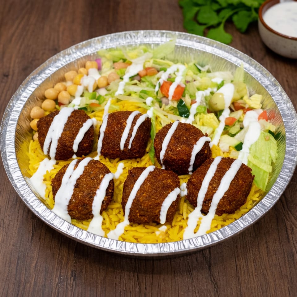 Falafel over yellow rice with salad, chickpeas, and white sauce in a foil container.