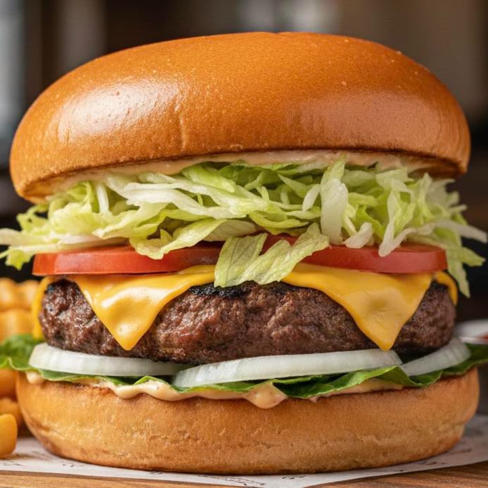 A close-up of a cheeseburger with lettuce, tomato, onion, and special sauce on a toasted bun.