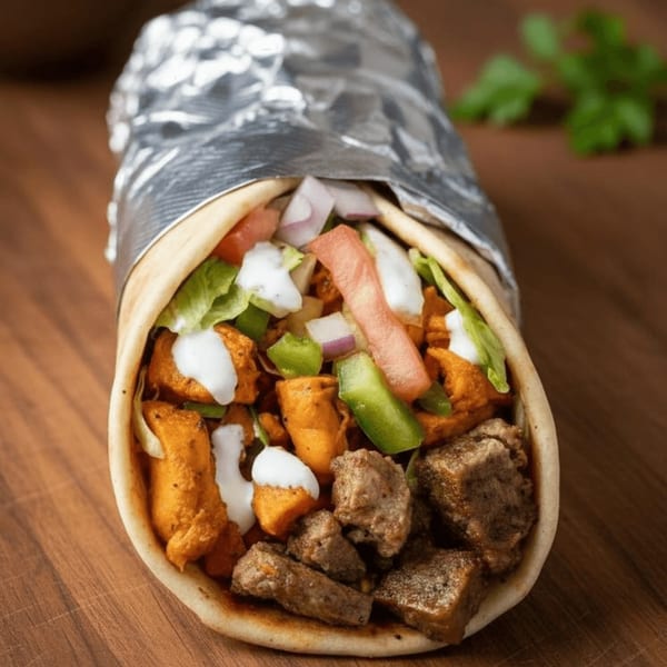 A chicken and beef shawarma wrap, partially unwrapped from foil, on a wooden surface.