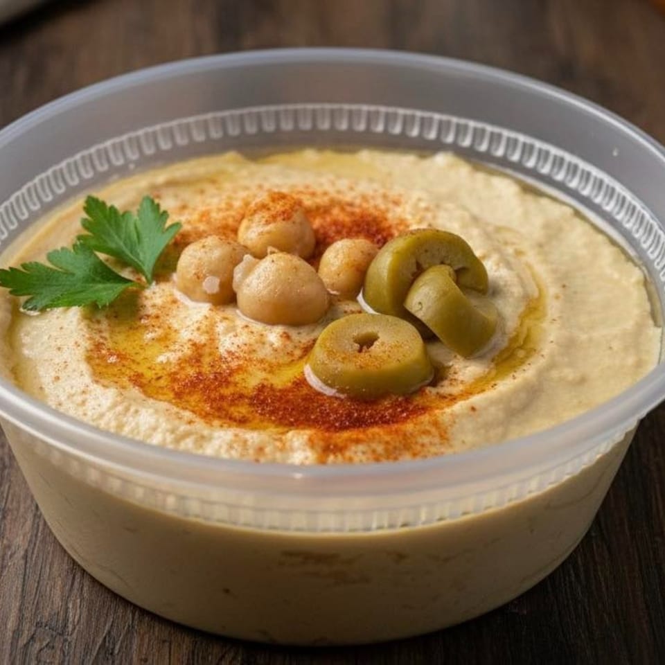 Hummus in a clear plastic container, garnished with chickpeas, sliced green olives, paprika, and parsley.