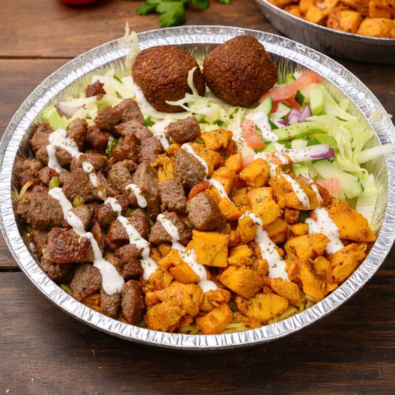 A foil container holds a meal with falafel, beef, chicken, lettuce, tomatoes, and white sauce.