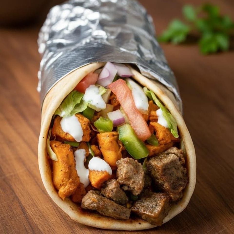 A delicious gyro wrap, half-unwrapped, filled with meat, chicken, lettuce, tomatoes, onions, and white sauce.